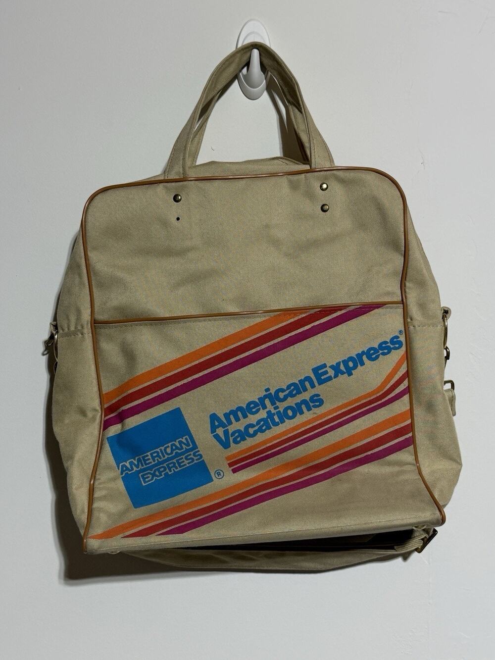 American Express Vacations Bag Messenger Carry On Tote Beige Canvas Vtg 1980s